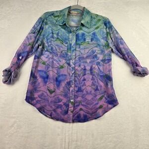 Decree Purple Pink Blue Green Bohemian Chiffon Long Sleeve Shirt Size Small
